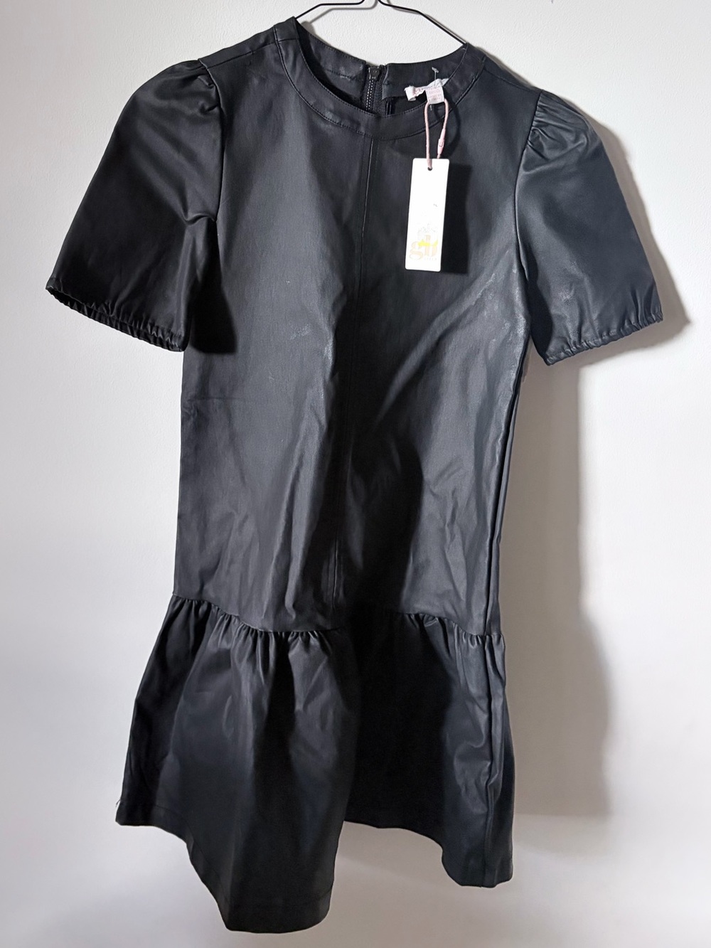 NWT GB girls Black Faux Leather Peplum Hem Dress Size Medium